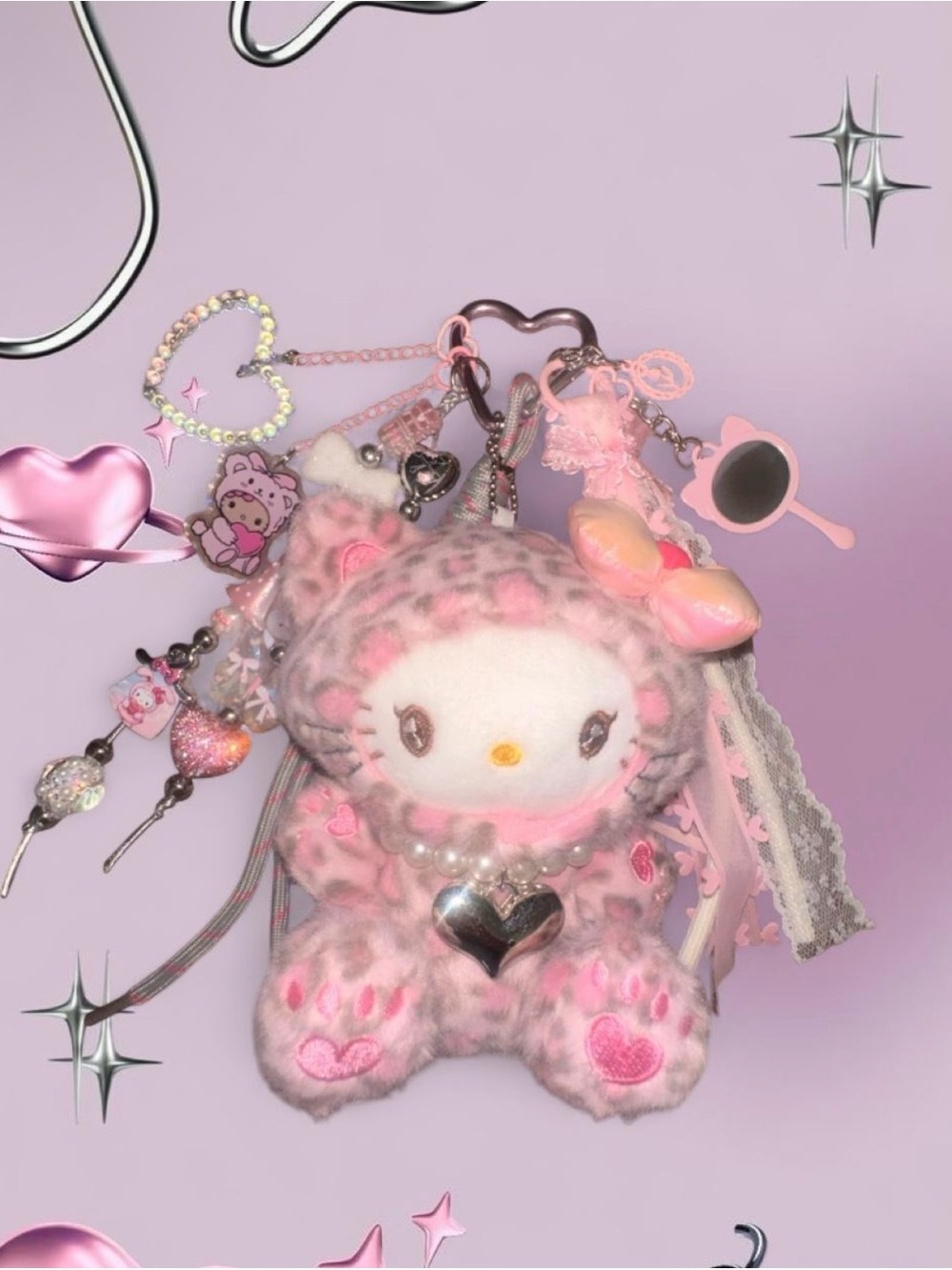 Handmade Hello Kitty Plush Leopard Print Bag Charm in Pink and Gray